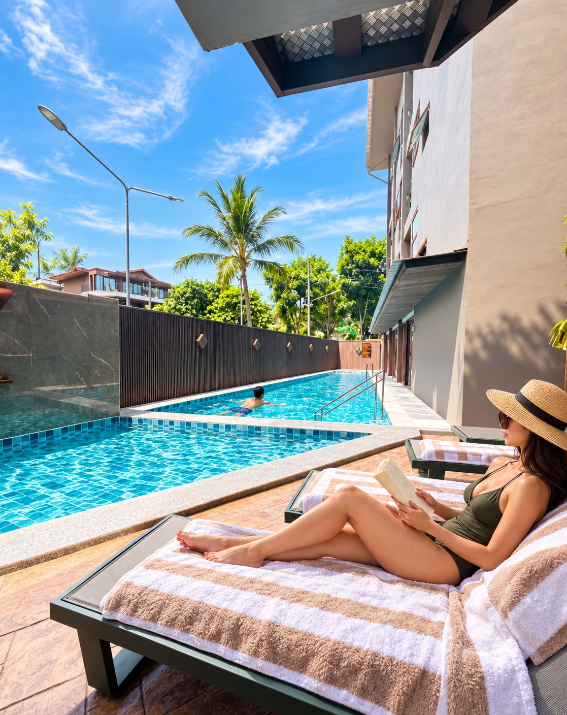 A poolside area with a lounge chair, a person reading, and a swimming pool.