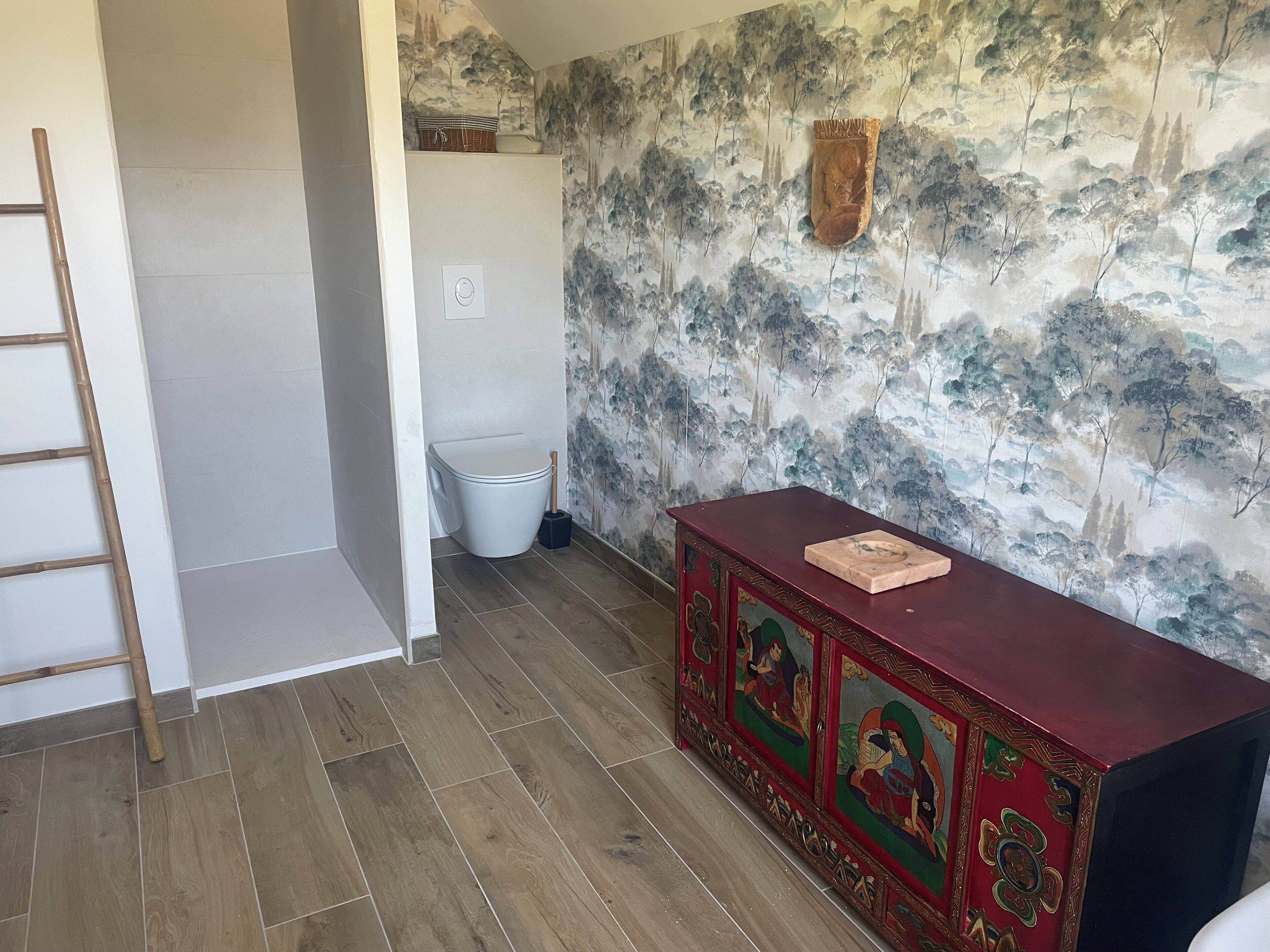 Et badeværelse med toilet, trægulv, rødt skab med kunst og væg med træmotiv.