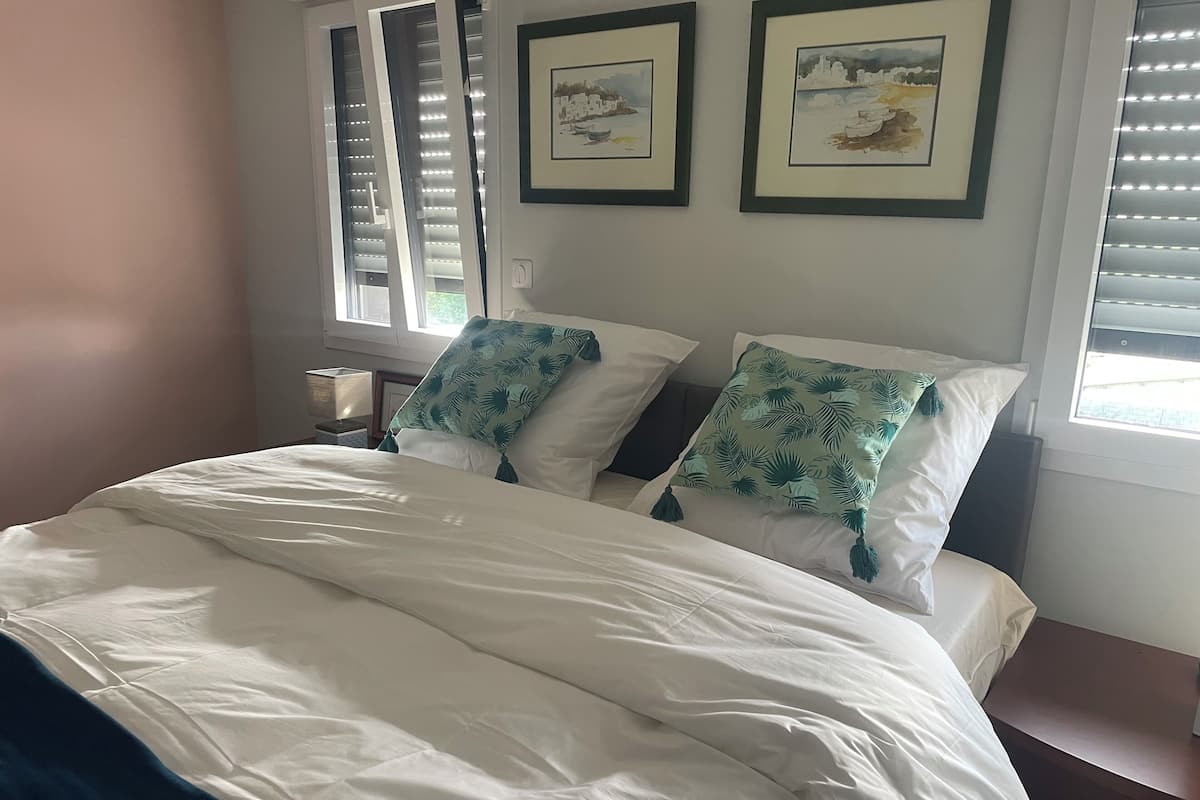 A neatly made bed with white bedding and two decorative pillows with a leaf pattern. There are two framed artworks on the wall above the bed.
