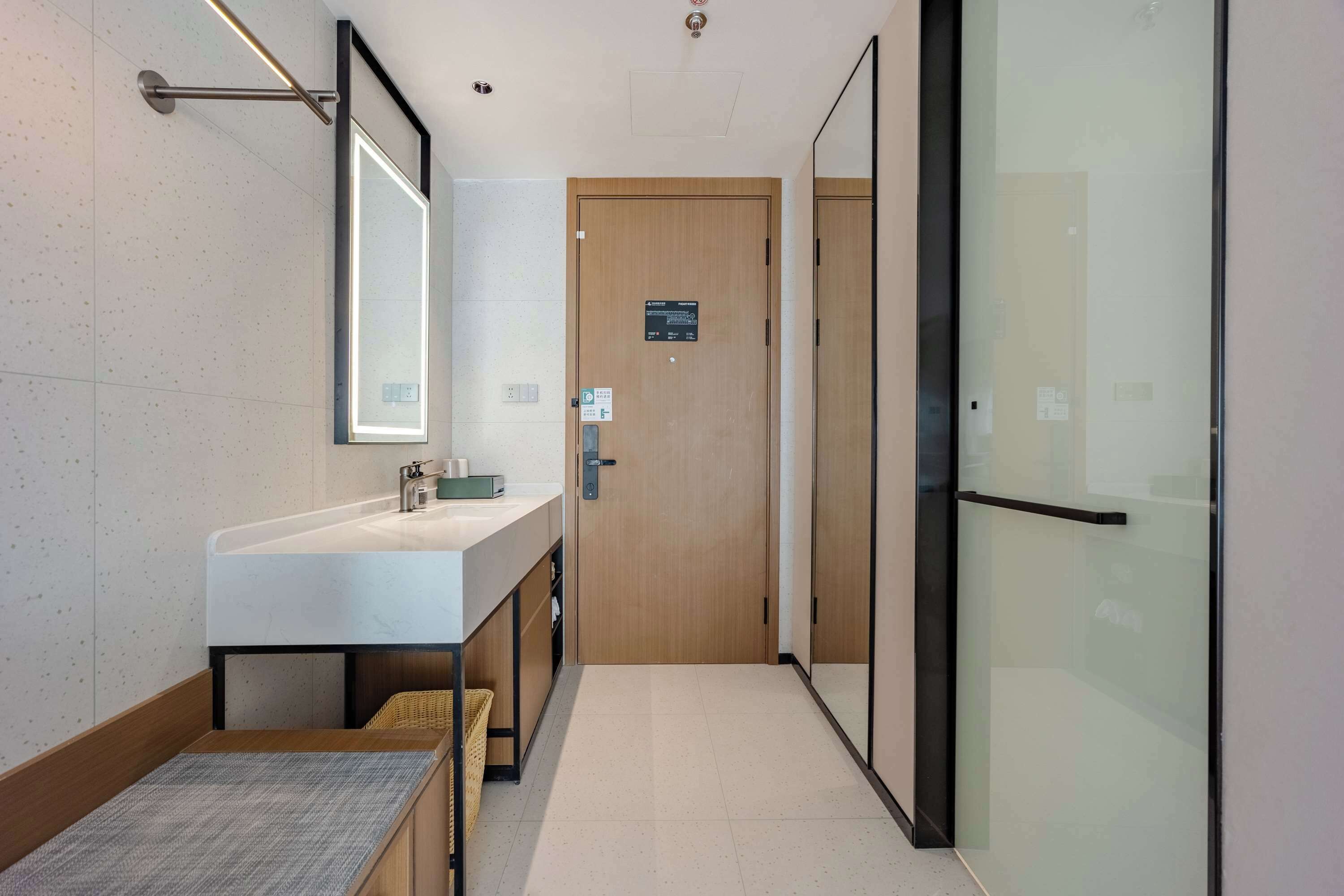 A modern bathroom with a large sink, mirror, and wooden door.
