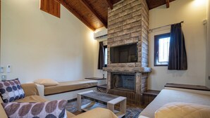 Un salon chaleureux avec une cheminée, des fauteuils confortables et un téléviseur.