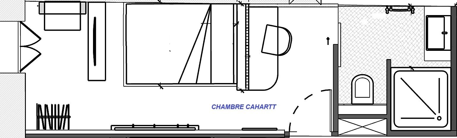 A detailed floor plan of a hotel room with a large bed, a desk, a chair, a wardrobe, and a bathroom.