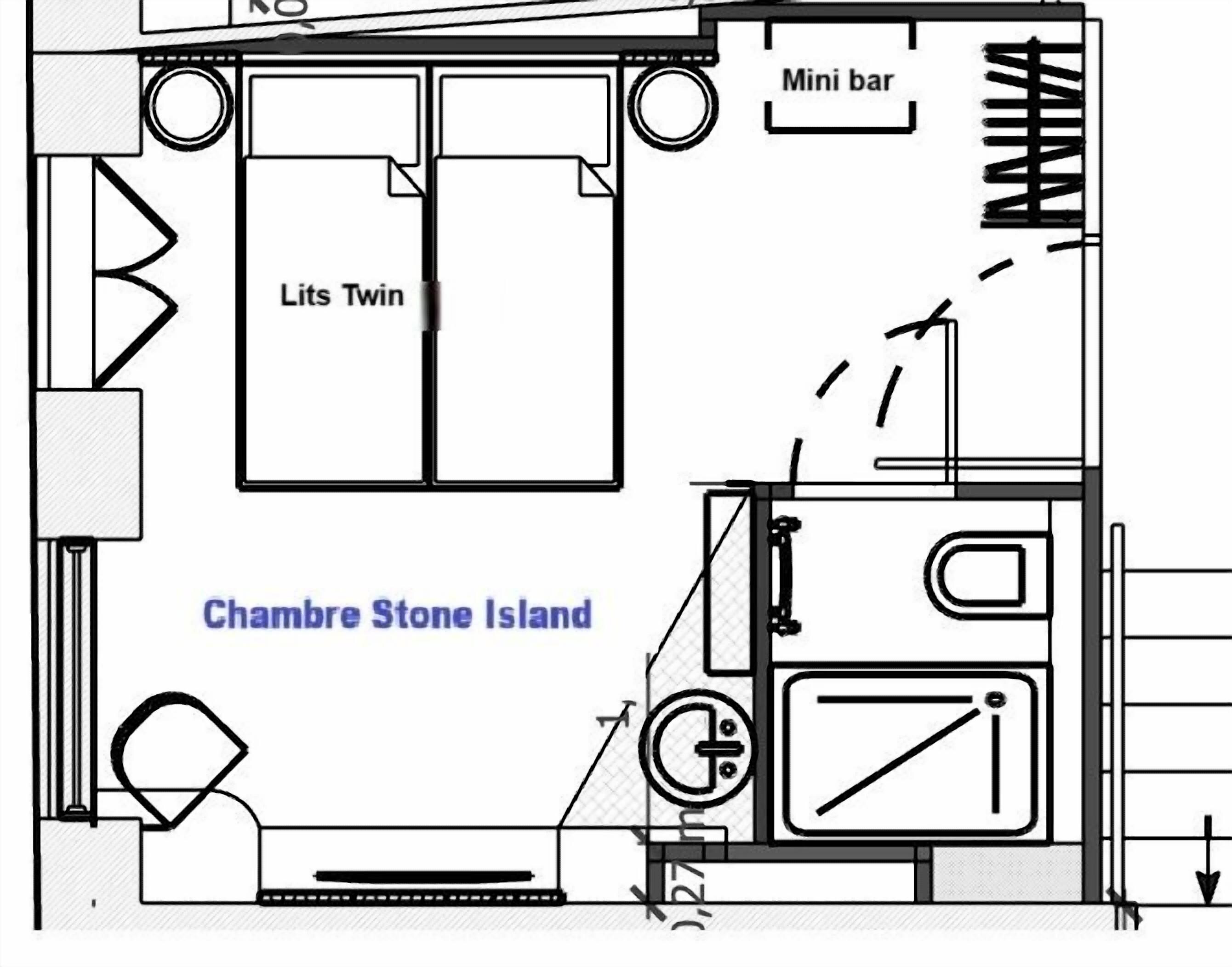 A floor plan of a hotel room with a mini bar, a twin bed labeled 'Lits Twin', and a bathroom with a shower and toilet.