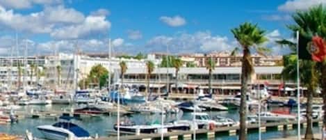 A marina with boats docked, a stone jetty, and a clear blue sky.