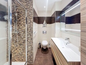 Hair dryer, towels, toilet paper