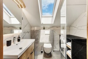 Shower, hair dryer, towels, soap