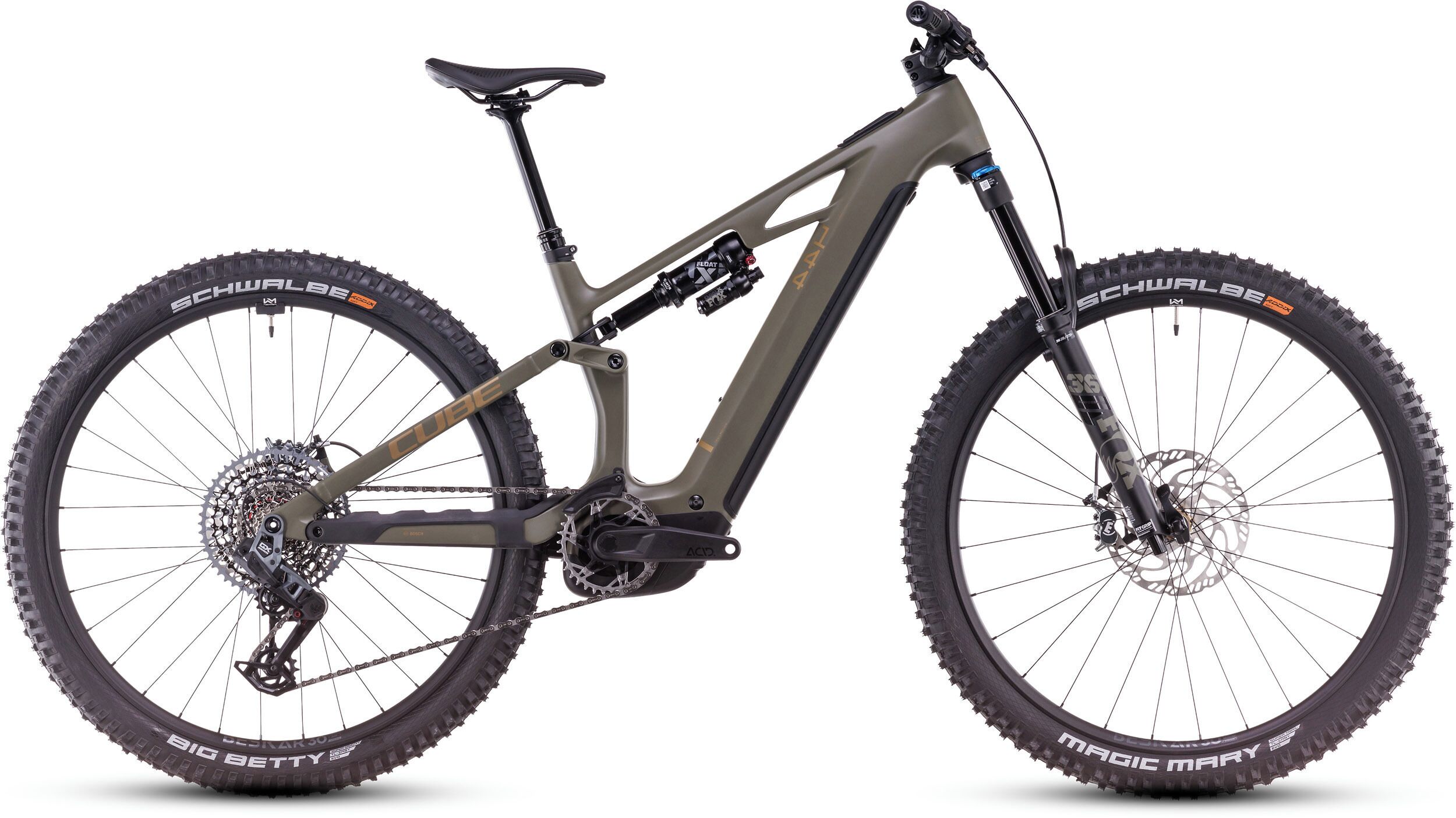 Uma bicicleta de montanha com suspensão dianteira, freios a disco e sistema de marchas.