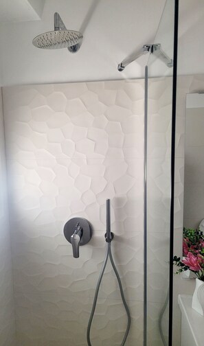 Hair dryer, bidet, towels, soap