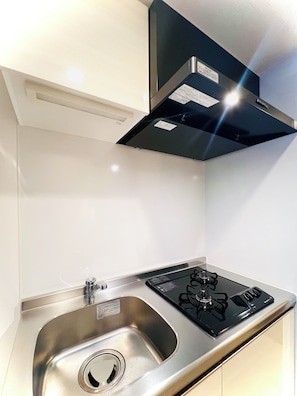 Full-size fridge, microwave, stovetop