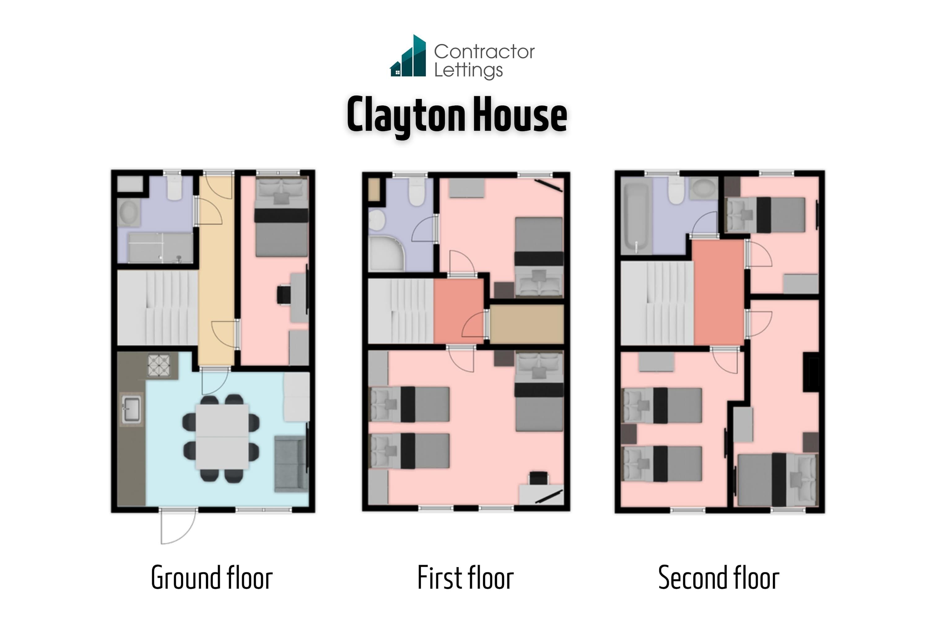 Plano de planta del Clayton House con tres pisos, incluyendo planta baja, primer piso y segundo piso.