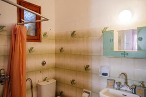 Dusch, hårtork, handdukar och toalettpapper