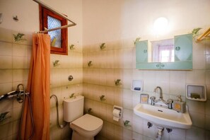 Shower, hair dryer, towels, toilet paper