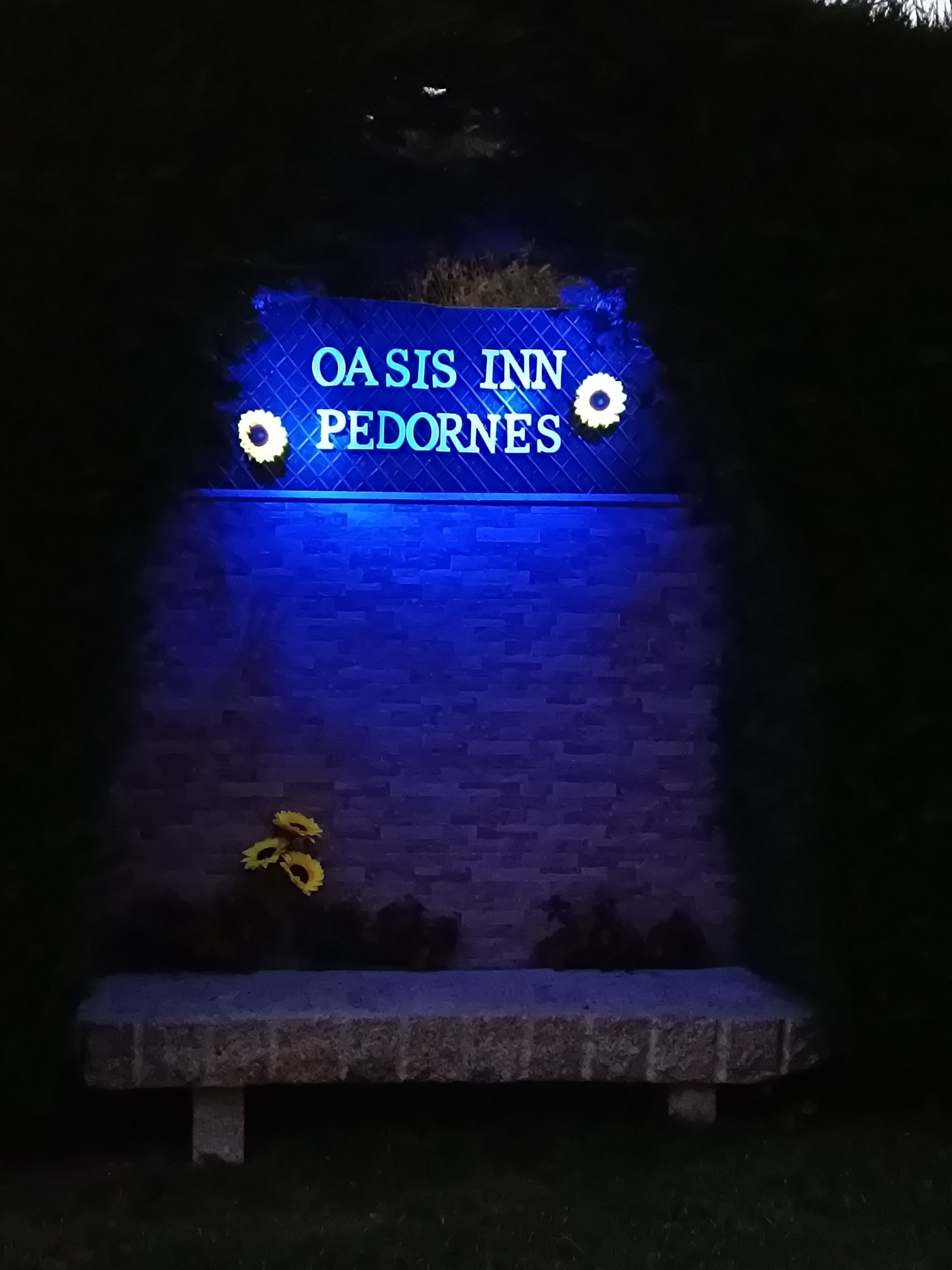 Une enseigne pour l’hôtel Oasis Inn Pedorres, avec un fond bleu illuminé et des motifs de tournesols.