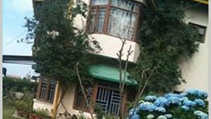 A two-story house with a green roof, a visible chimney, and a garden with blue hydrangea bushes. - Majestic Cottage with WiFi in Bhimtal (Ghorakhal)