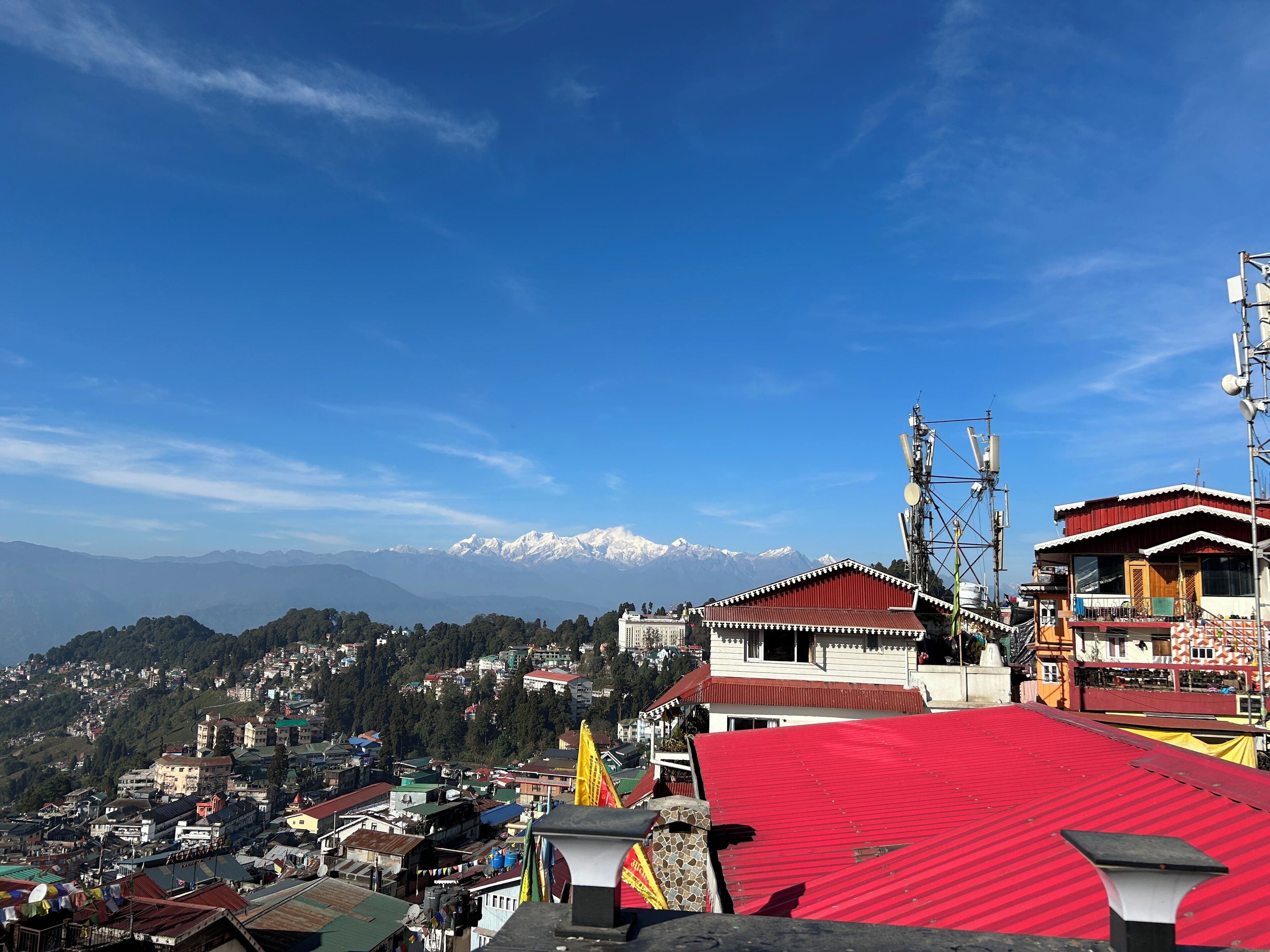 A mountainous town with a prominent red-roofed building, a clear blue sky, and snow-capped peaks in the background.