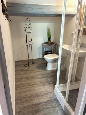 Douche, serviettes fournies, savon, papier toilette