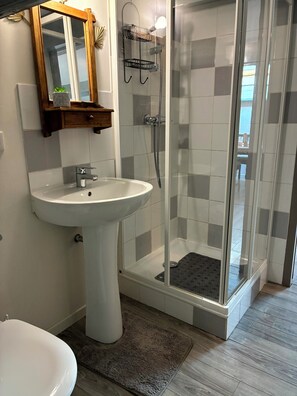 Shower, towels, soap, toilet paper