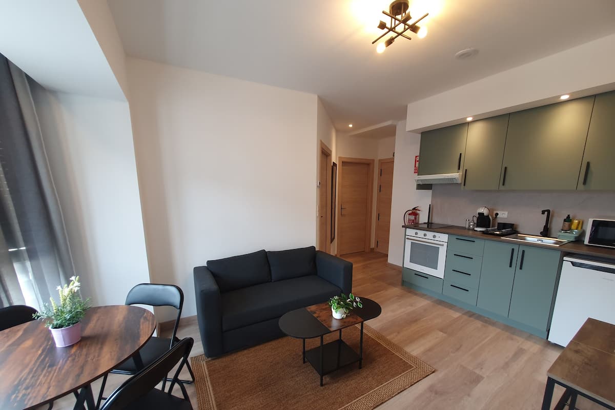Een modern appartement met een zithoek, eethoek, kitchenette en een zichtbare deur naar een andere kamer.