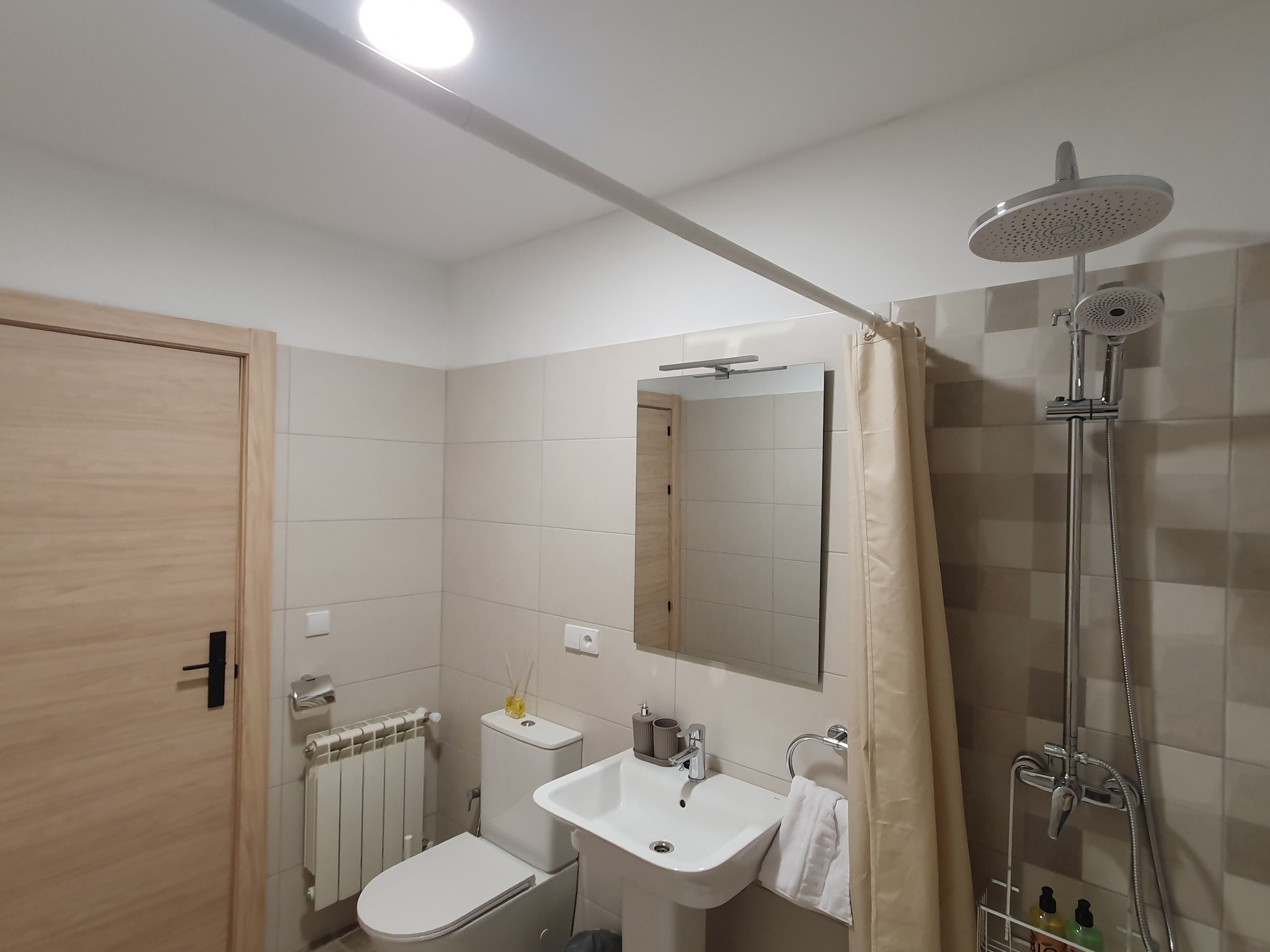 Un baño con inodoro, lavamanos, espejo, ducha y una puerta de madera.