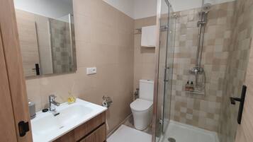 Een badkamer met een douche met glazen wand, een toilet, een wastafel met spiegel en een houten kast.