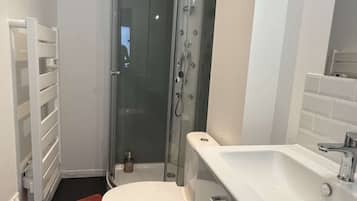 Shower, hair dryer, towels