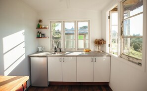 Fridge, microwave, stovetop, coffee/tea maker