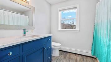 Un bagno con un WC bianco, un mobile lavabo blu, uno specchio grande con illuminazione e una finestra vista alberi.
