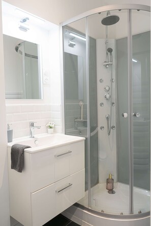 Regadera, secadora de cabello, toallas