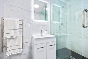 Shower, hair dryer, towels