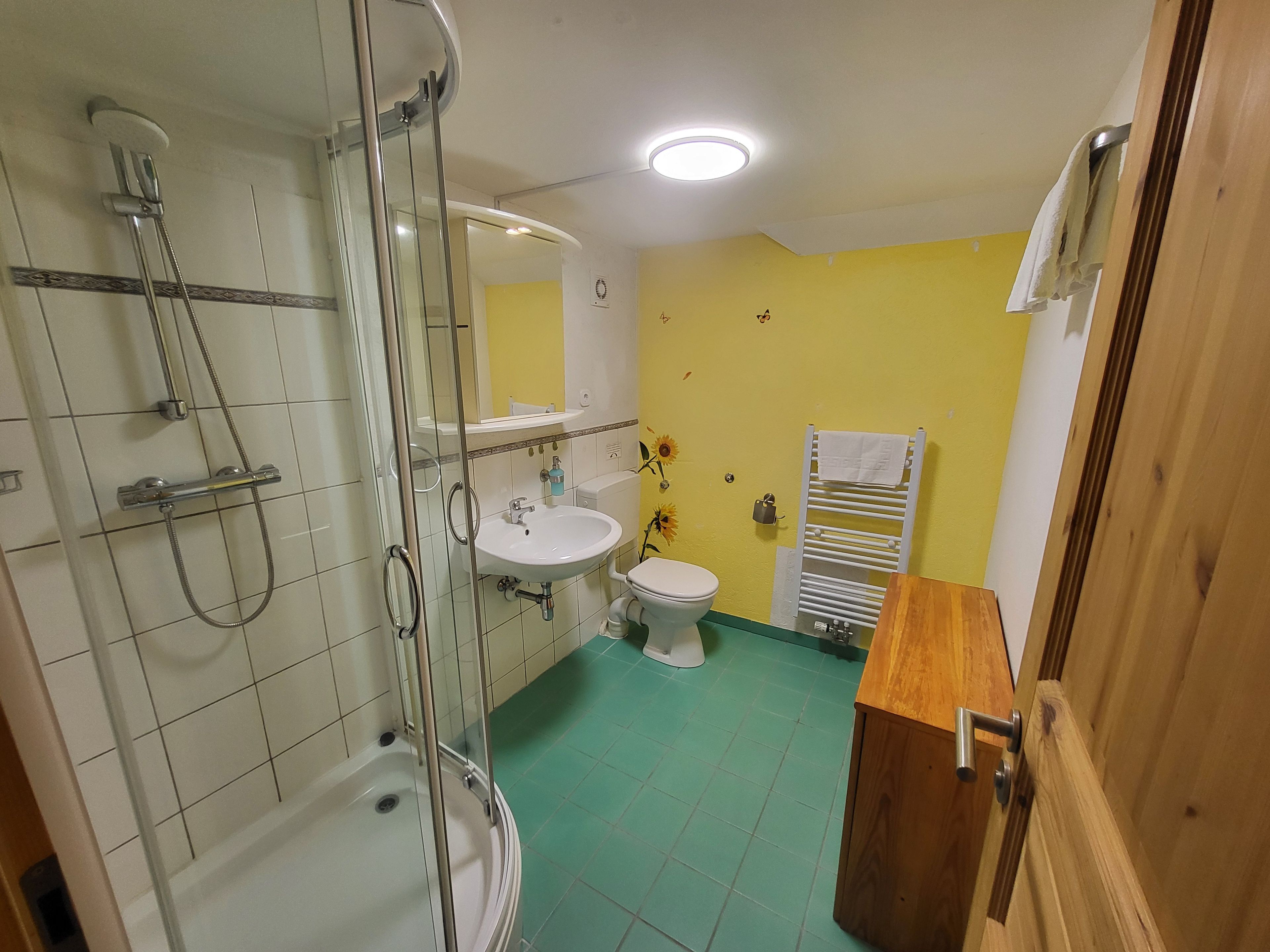 A bathroom with a glass-enclosed shower, a white sink, a toilet, and a wooden cabinet.