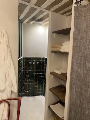 Hair dryer, towels, soap, toilet paper