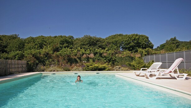 A swimming pool with clear blue water, surrounded by a wooden fence and trees. - GITE MURIER WITH POOL AND RIVER (Berrias-et-Casteljau)