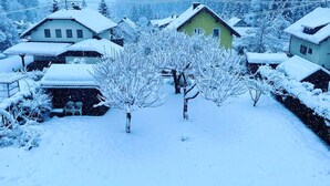 Un quartiere residenziale innevato, con case e alberi.