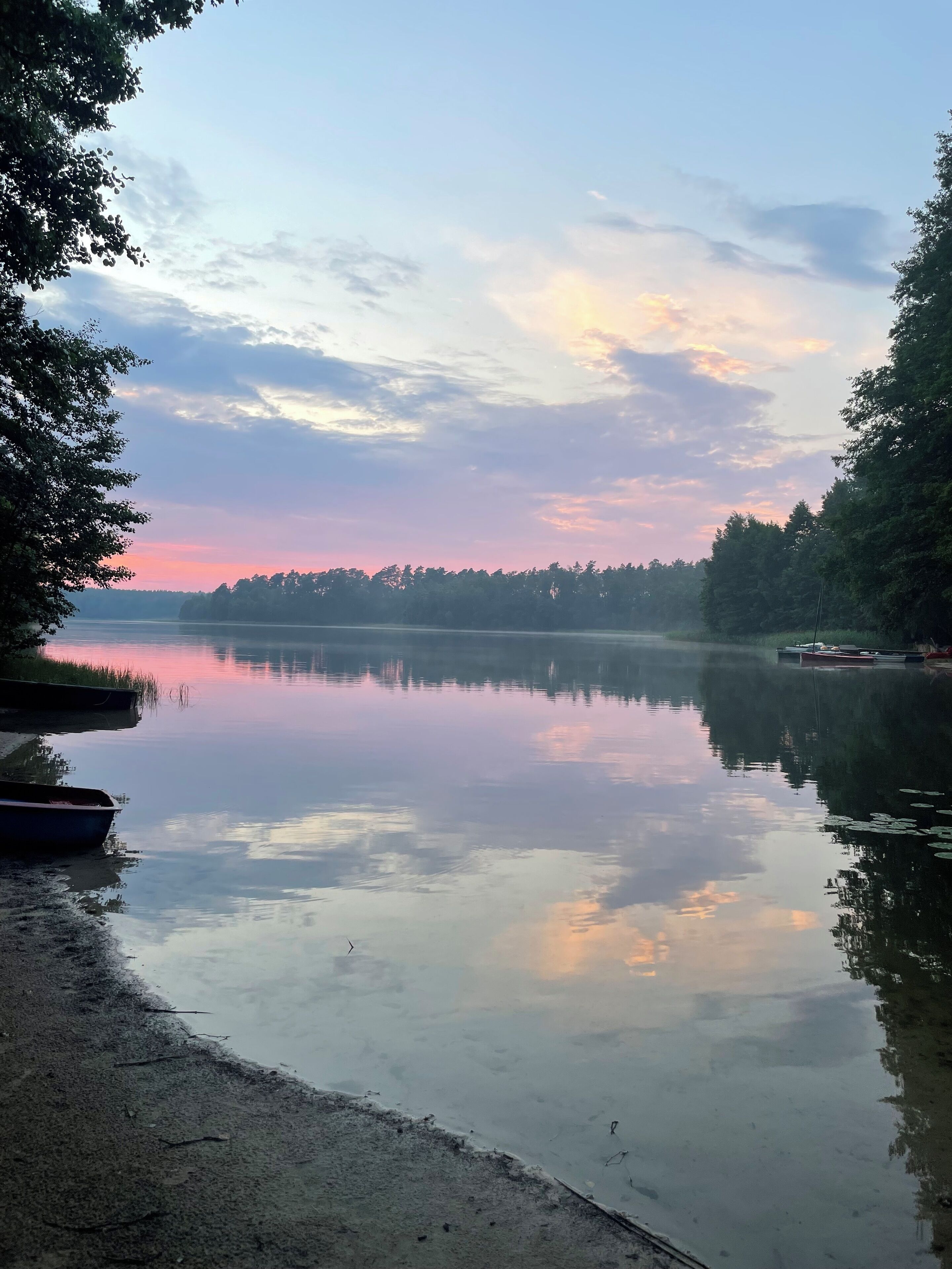Un lac paisible où flottent des bateaux, entouré d’arbres et sous un ciel dégagé.