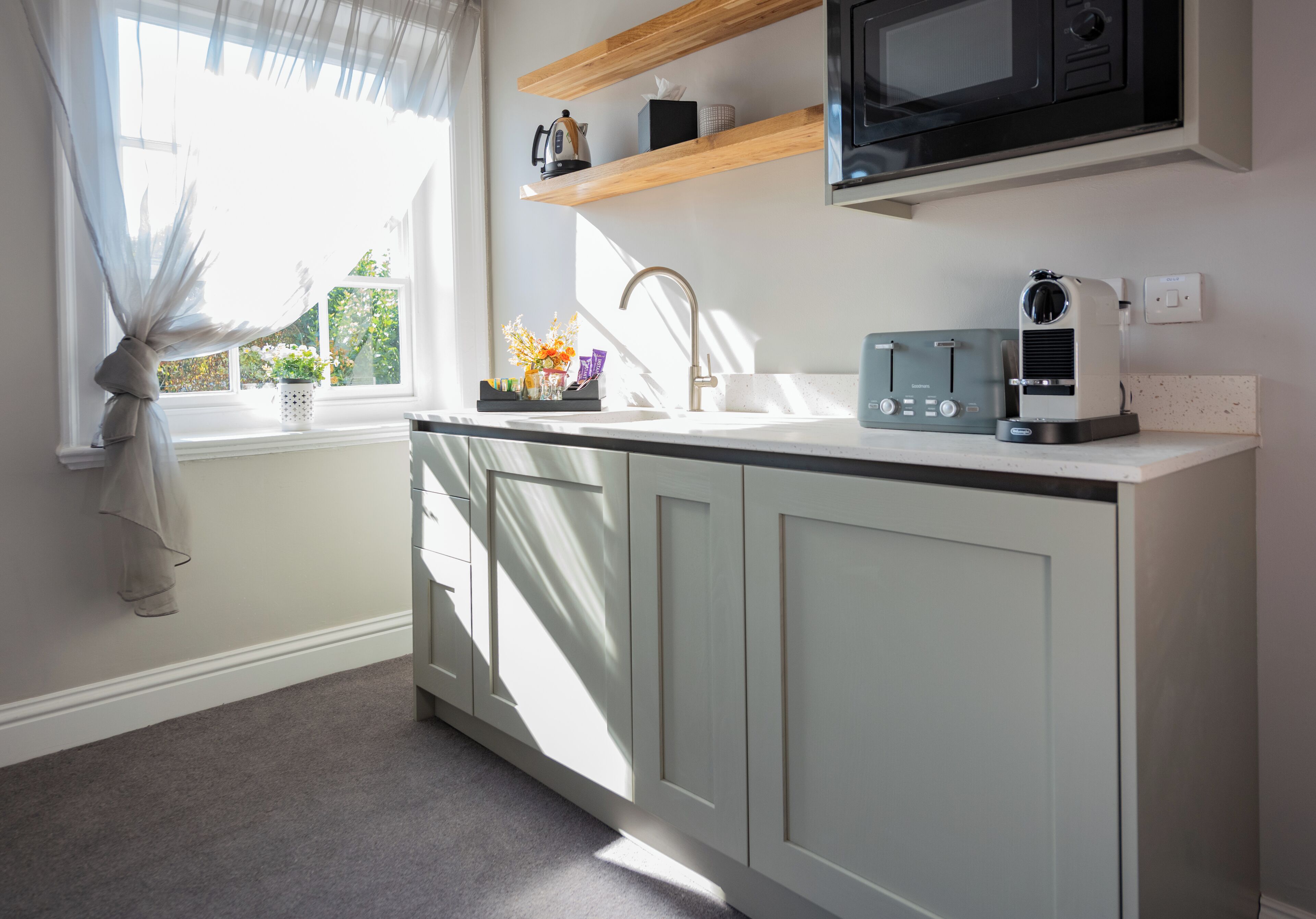 Fridge, microwave, cookware/dishes/utensils