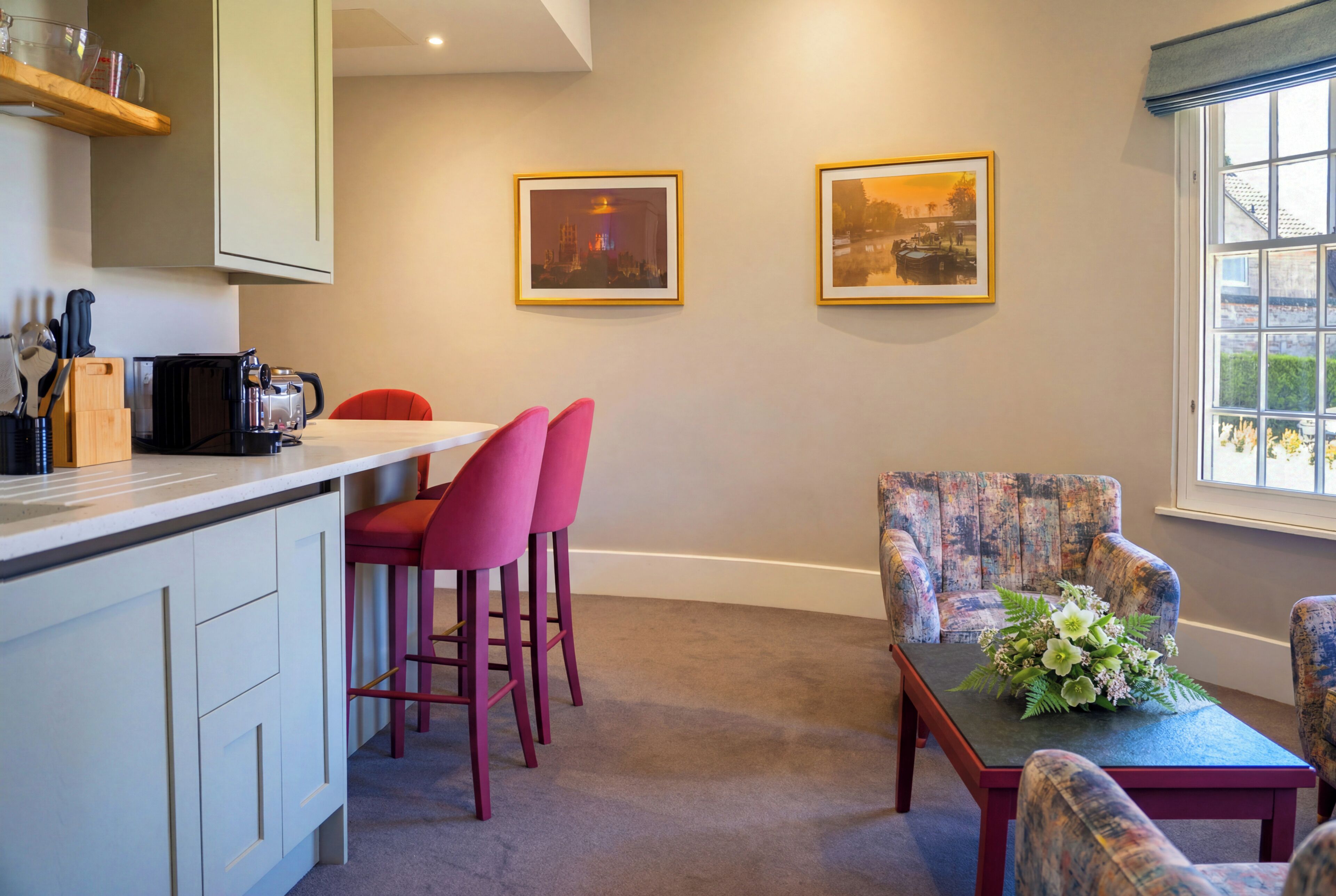 Fridge, microwave, espresso maker, electric kettle