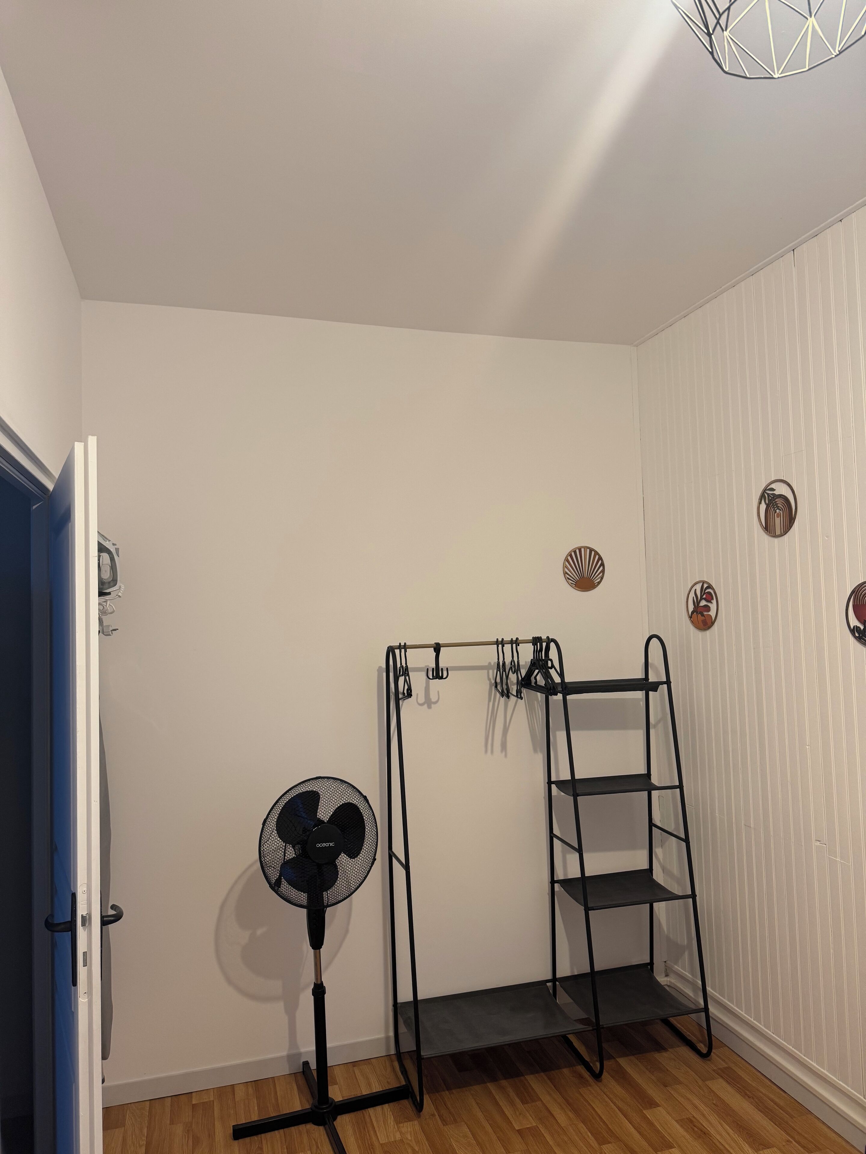 Une pièce avec un mur blanc, un plancher en bois, un ventilateur sur pied, une étagère en métal noir et une échelle.