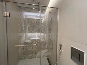 Hair dryer, towels, soap, toilet paper