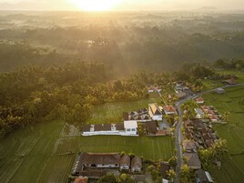 Vista aérea de una zona residencial con casas, caminos y campos agrícolas.