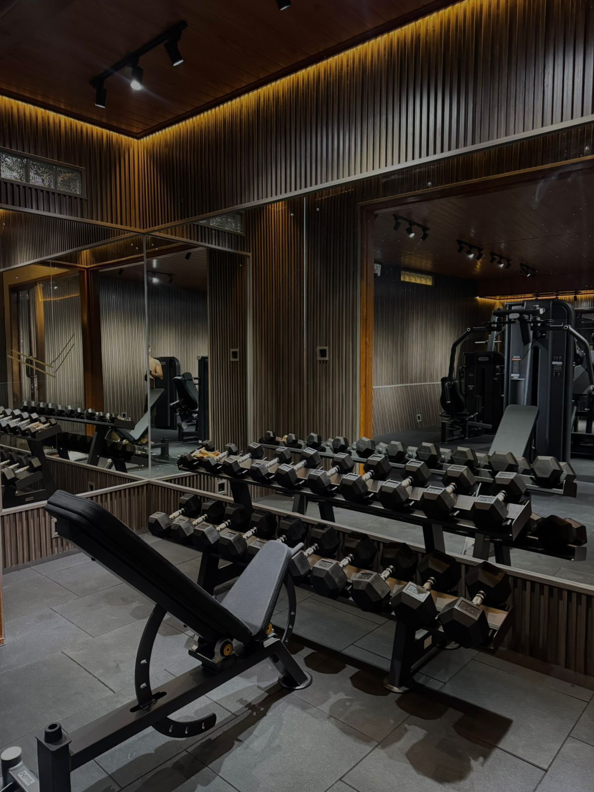 A gym with weight benches and dumbbells, wooden paneling, and a large mirror.