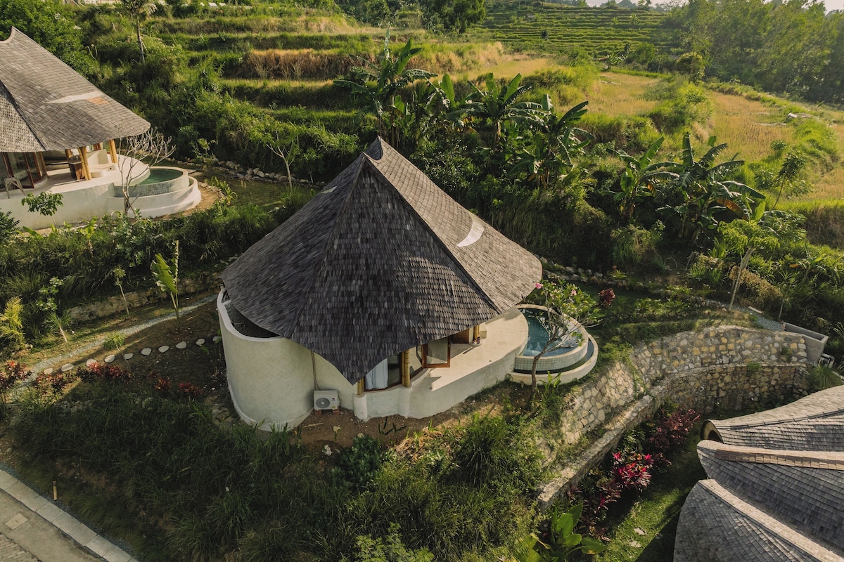 A traditional thatched-roof house with a circular pool, surrounded by lush greenery and terraced fields.