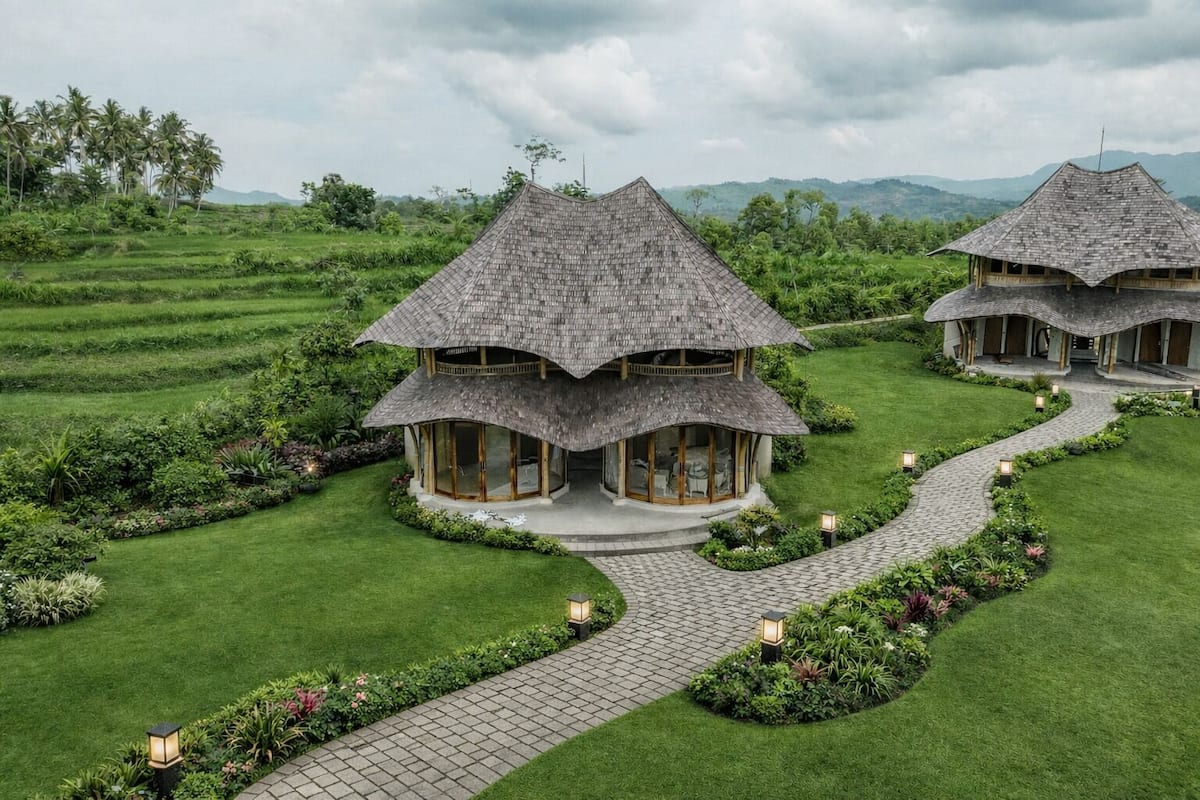 A traditional thatched-roof house with a central courtyard, surrounded by lush greenery and a paved pathway.