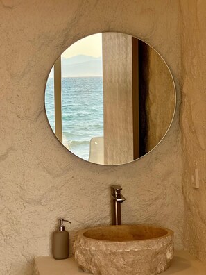 Romantic Double Room, Sea View | Bathroom | Shower, hair dryer, towels, soap