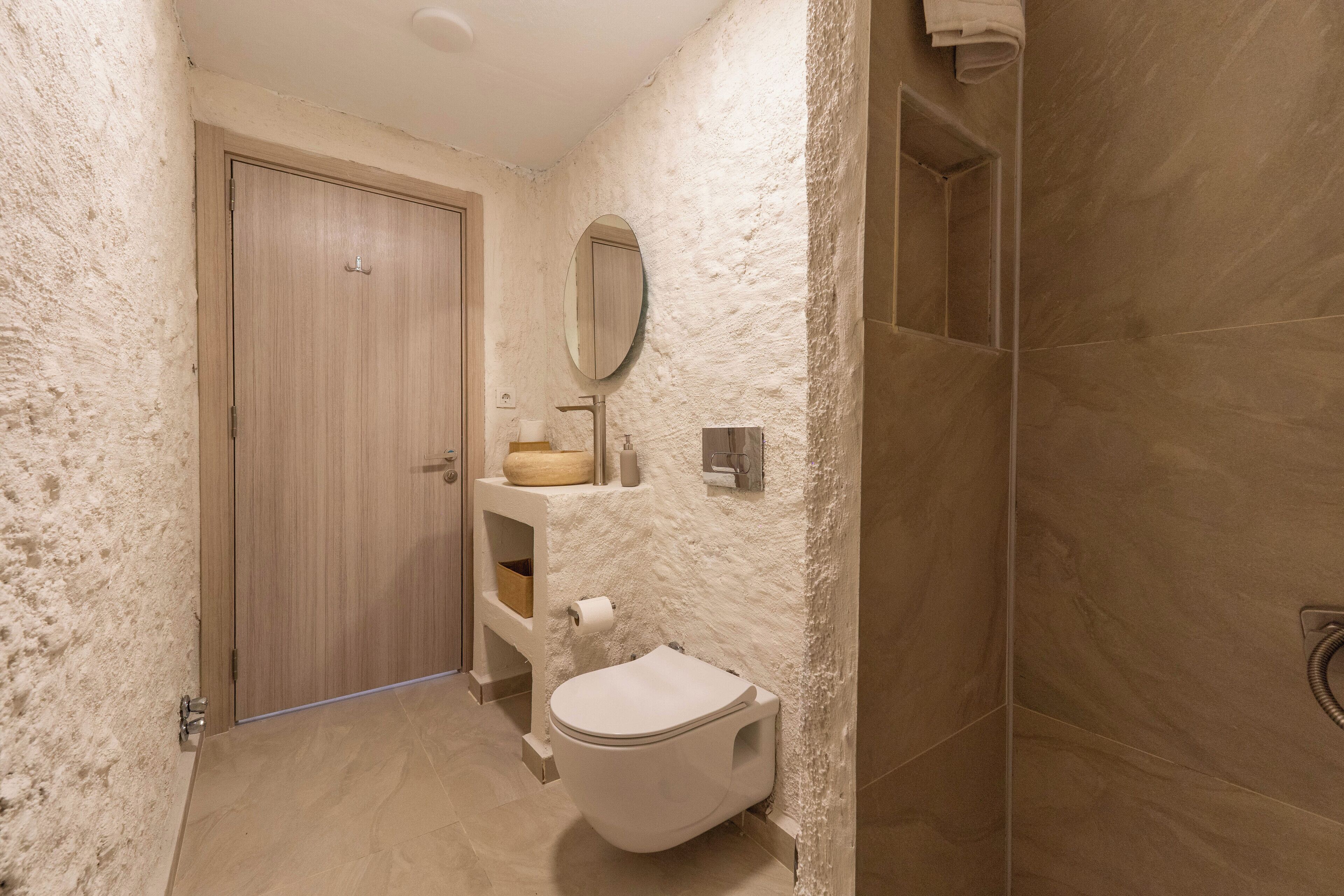 A bathroom with a wooden door, a toilet, a sink with a mirror, and a shower area.