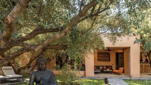 Une statue de Bouddha dans un jardin, avec un chemin de pierre menant à un bâtiment où se trouvent un canapé et des fauteuils.