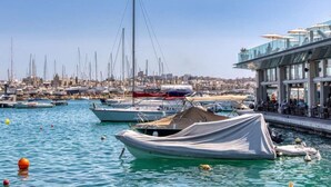Marina con barcos amarrados, un edificio con techo de cristal y un paisaje urbano al fondo.