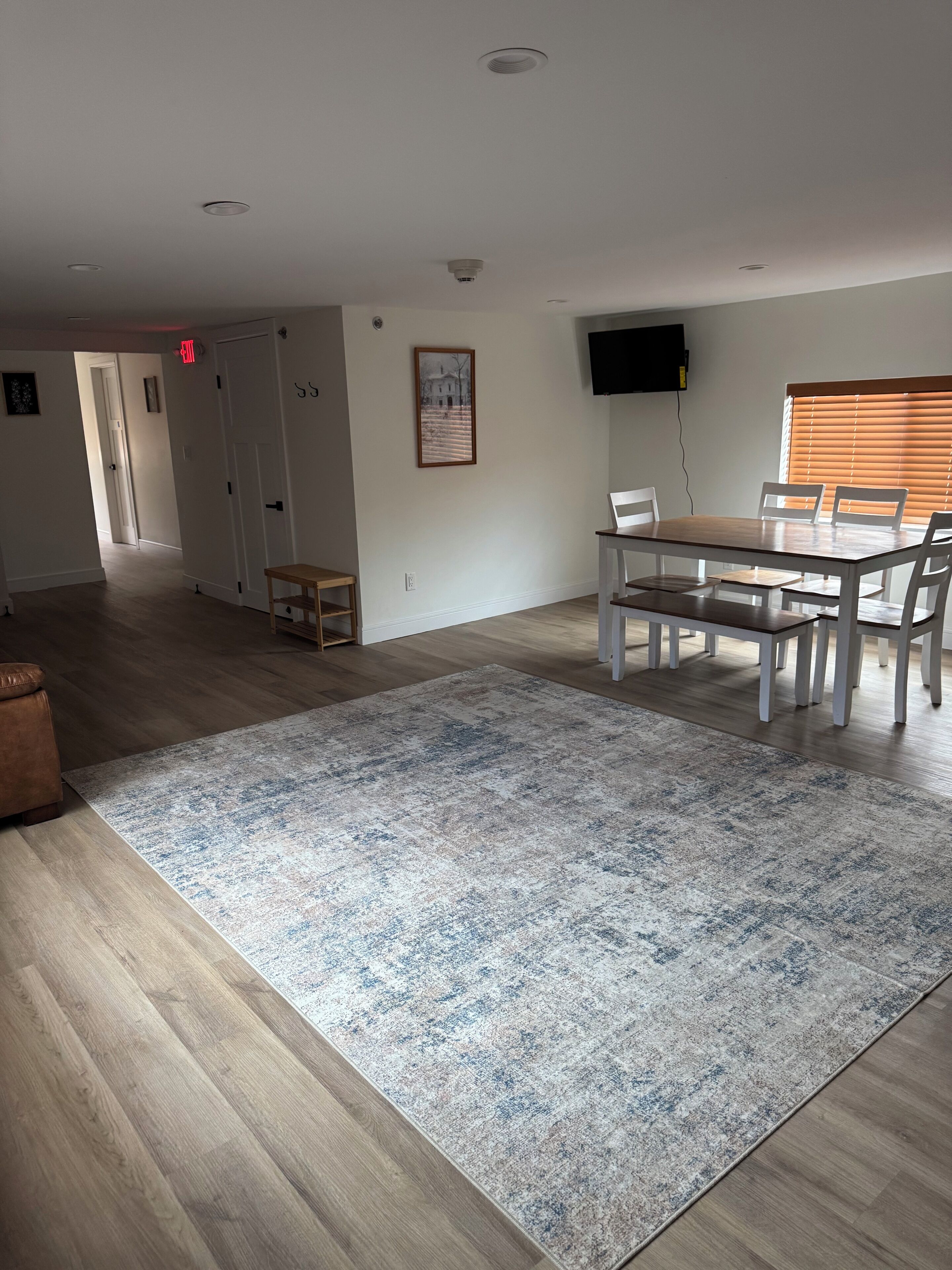 Un vaste espace de vie comprenant une table à manger, des chaises, une grande moquette et un téléviseur à écran plat fixé au mur.