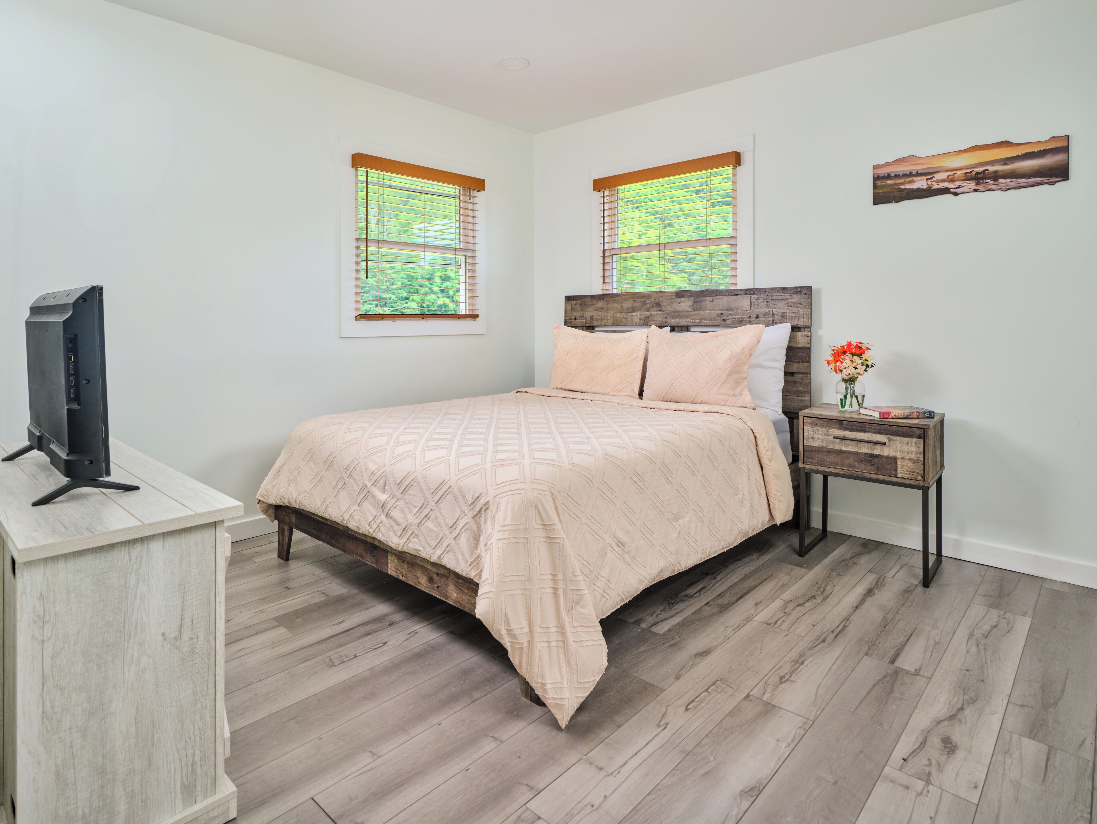 A bedroom with a bed, a nightstand, a TV, and two windows with blinds.