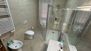Hair dryer, bidet, towels, soap