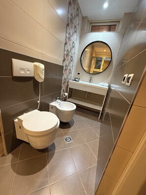 Hair dryer, towels, soap, toilet paper